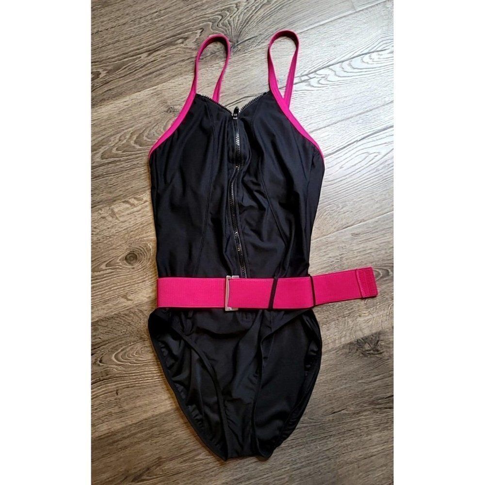 Vintage JAG 3/4 Zipper Front with Belt One-piece Bathingsuit Women's Size 14